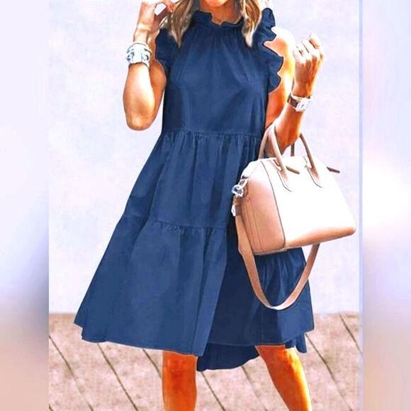 NWT Vonda Navy Ruffle Collared Sleeveless Casual Pleated Tiered Dress - Picture 1 of 5